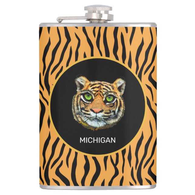 Orange Wild Tiger Face on Tiger Skin Pattern Hip Flask (Front)