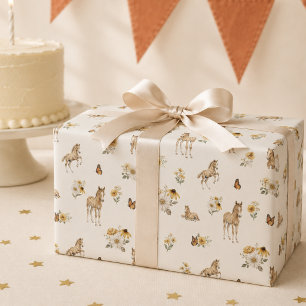 Orange Wildflower Horse and Butterfly Pattern  Wrapping Paper