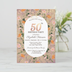 Orange Wildflower String Lights 50th Birthday Invitation