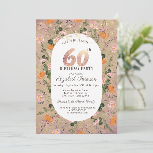 Orange Wildflower String Lights 60th Birthday Invitation (Standing Front)