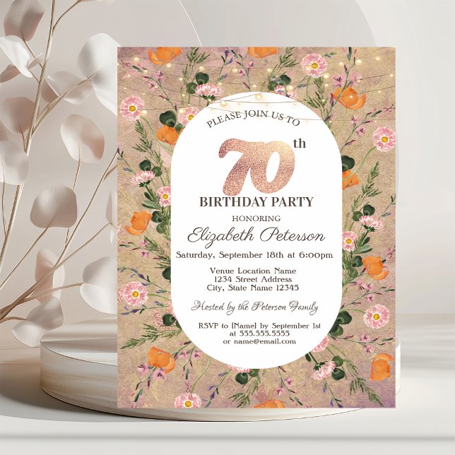 Orange Wildflower String Lights 70th Birthday Invitation (Creator Uploaded)