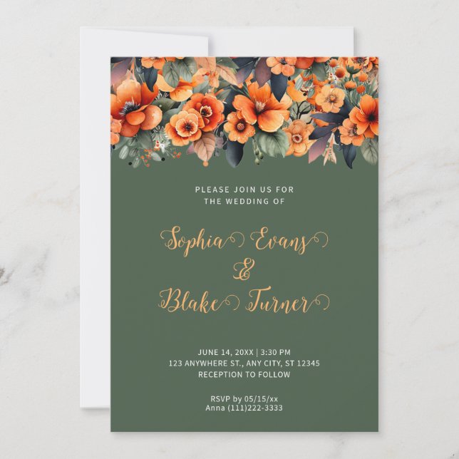 Orange Wildflowers Arrangement Green Wedding Invitation (Front)