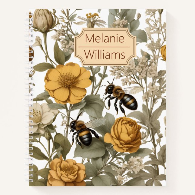 Orange Wildflowers with Bees | Personalised Name  Notebook (Front)