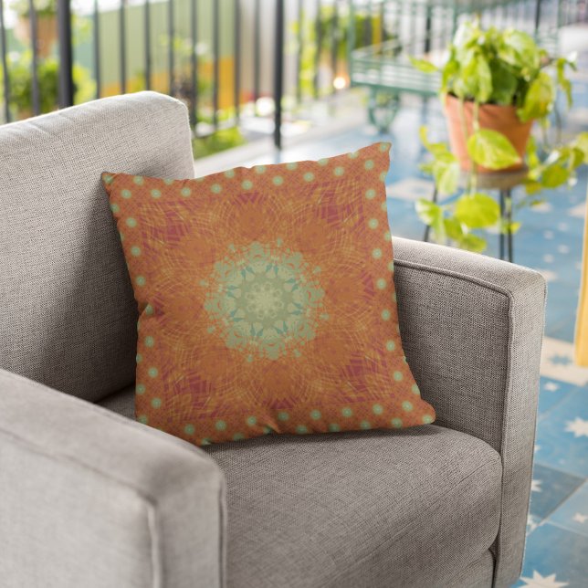 Orange Wine Sage Green Wavy Mandala Tile Cushion (Creator Uploaded)