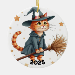 Orange Witch Cat  Ceramic Ornament