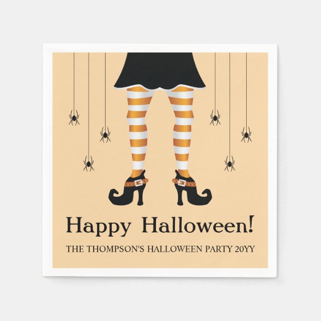 Orange Witch Legs And Spiders Happy Halloween Napkin (Front)