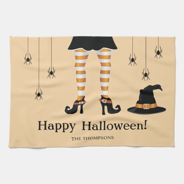 Orange Witch Legs With A Hat And Spiders Halloween Tea Towel (Horizontal)
