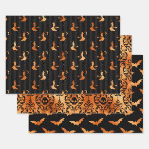 Orange Witch, Skull and Bat Halloween Patterns Wrapping Paper Sheet