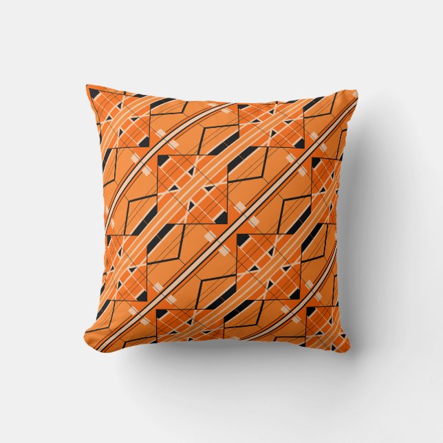 Orange with Beige, Black Shapes Diagonal Design Cushion (Front)