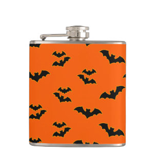 ORANGE WITH BLACK HALLOWEEN FLYING BATS HIP FLASK