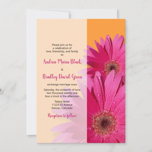Orange with Pink Gerbera Daisy Wedding Invitation (Front)
