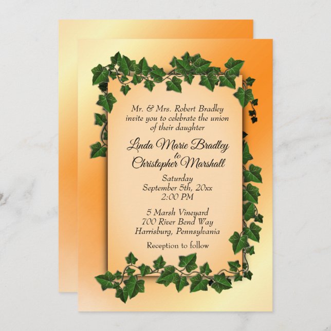 Orange with Vines Fall Wedding Invitation (Front/Back)