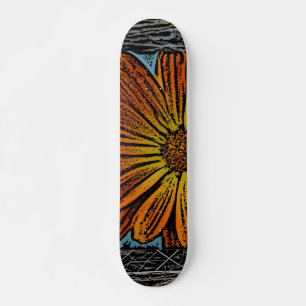 Orange Woodcut Flower Skateboard