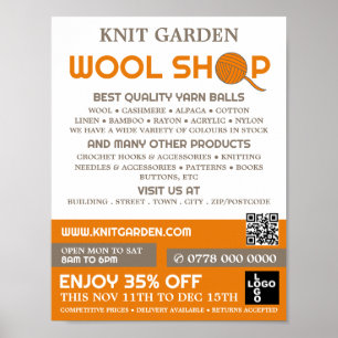 Orange Wool Shop Logo, Knitting Store, Yarn Store Poster