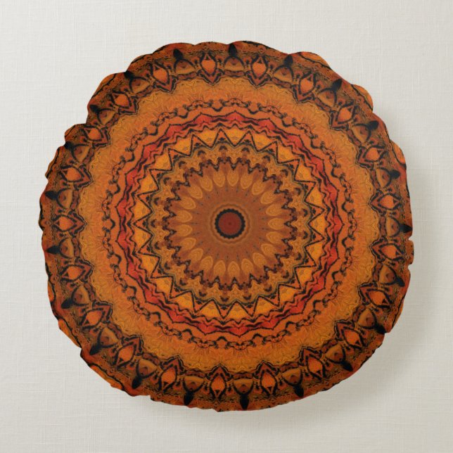 Orange, Yellow and Black Mandala Round Cushion (Front)