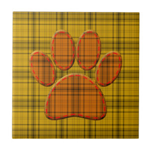 Orange Yellow And Black Plaid Dog Paw Ceramic Tile