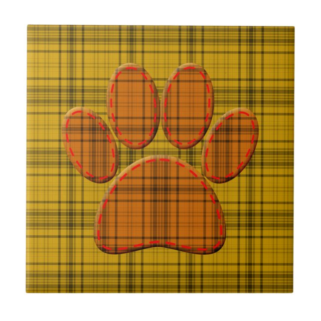 Orange Yellow And Black Plaid Dog Paw Ceramic Tile (Front)