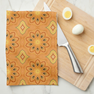 Orange, Yellow and Green Flower Kaleidoscope Tea Towel