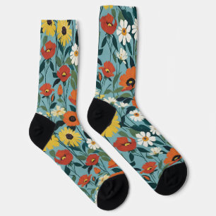 Orange Yellow And White Flowers On Seafoam Blue Socks