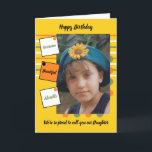 Orange yellow awesome daughter photo birthday card<br><div class="desc">Personalise this greeting card for your Daughter,  with a photo.
Designed in orange,  yellow,  black and green.
We're so proud to call you our Daughter.
Awesome,  adorable,  beautiful
Birthday card for Daughter</div>