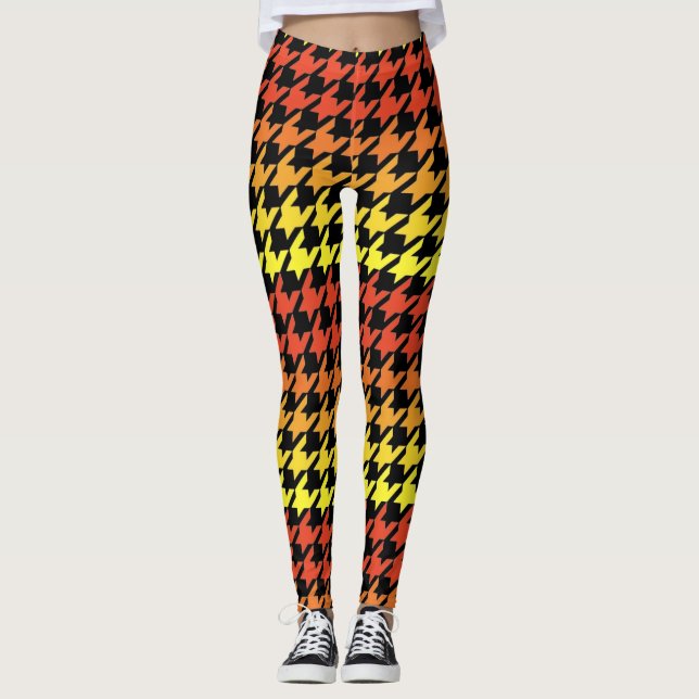 Orange yellow black houndstooth pattern leggings (Front)