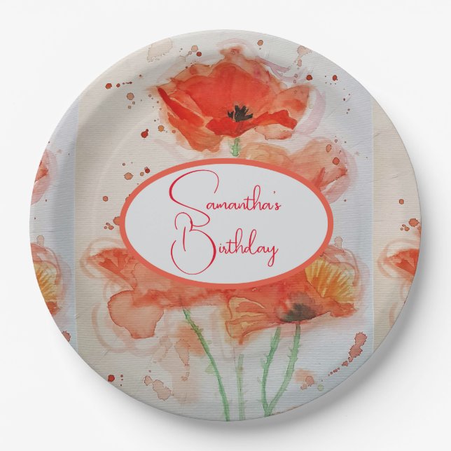 Orange Yellow Black Poppy Poppies Flower Birthday Paper Plate (Front)