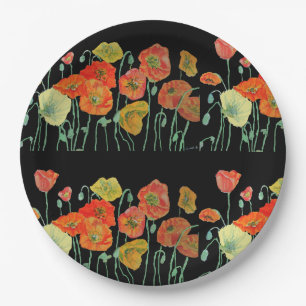Orange Yellow Black Poppy Poppies Flower Floral Paper Plate