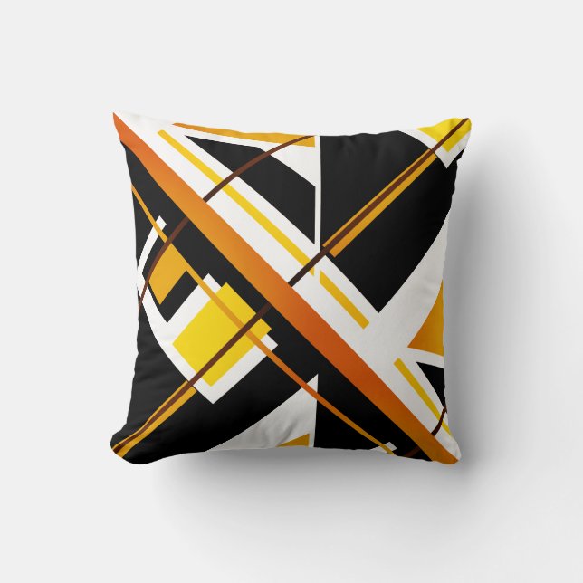 Orange Yellow Black White Mosaic Diagonal Abstract Cushion (Front)