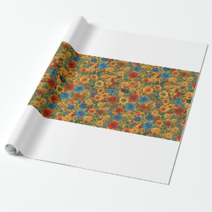 Orange, Yellow, Blue, and Green floral design. Wrapping Paper