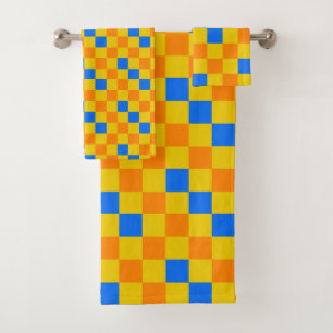 Orange Yellow Blue Chequered Pattern Design Bath Towel Set