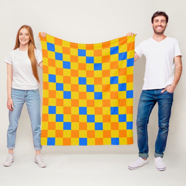 Orange Yellow Blue Chequered Pattern Design  Fleece Blanket (In Situ)