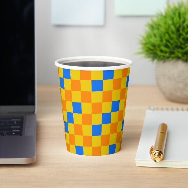 Orange Yellow Blue Chequered Pattern Design  Paper Cups (Insitu)