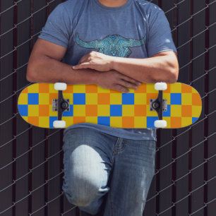 Orange Yellow Blue Chequered Pattern Design Skateboard