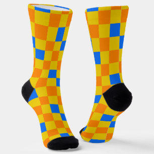 Orange Yellow Blue Chequered Pattern Design Socks