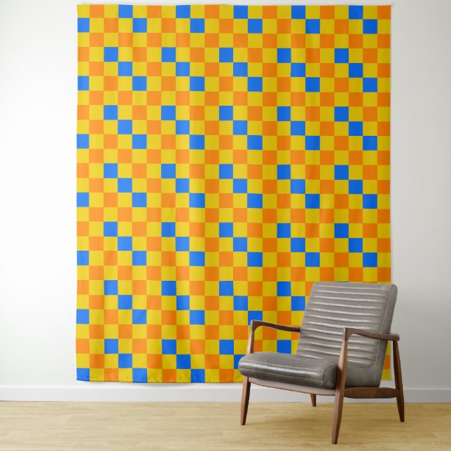 Orange Yellow Blue Chequered Pattern Design  Tapestry (In Situ)