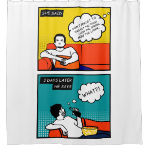 orange yellow blue Honey Do Rugged Geek Comics Shower Curtain
