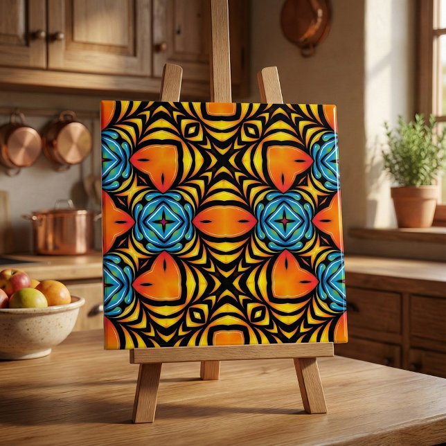 Orange Yellow Blue Symmetrical Arrangements Ceramic Tile (Creator Uploaded)