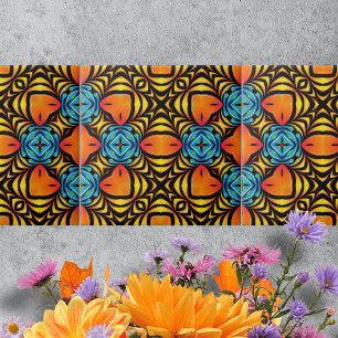 Orange Yellow Blue Symmetrical Arrangements Ceramic Tile