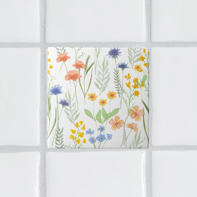 Orange Yellow Blue Watercolor Wildflower Ceramic Tile (Creator Uploaded)