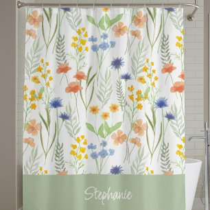 Orange Yellow Blue Watercolor Wildflower Monogram  Shower Curtain