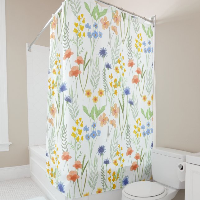 Orange Yellow Blue Watercolor Wildflower Shower Curtain (Creator Uploaded)