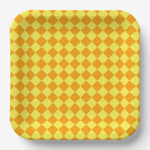 Orange Yellow Chequered Diamond Pattern Paper Plate