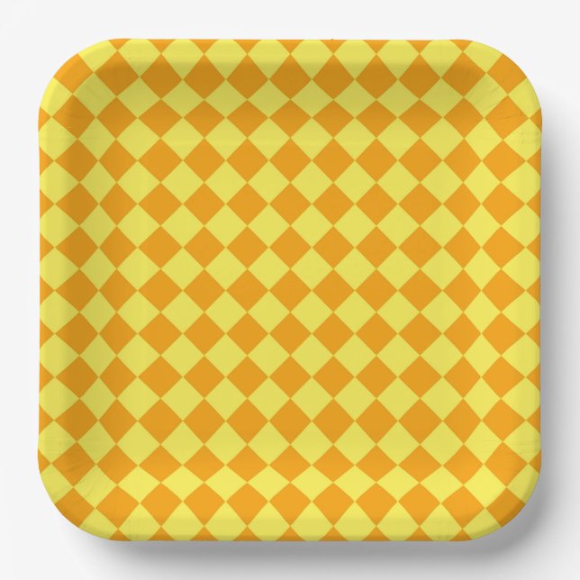 Orange Yellow Chequered Diamond Pattern Paper Plate (Front)