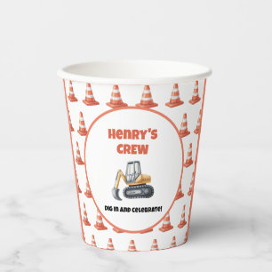 Orange Yellow Construction Cone Digger Name Paper Cups