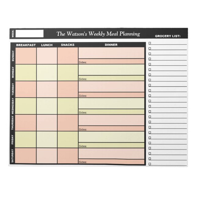 Orange Yellow Custom Weekly Meal Planning Notepad (Front)