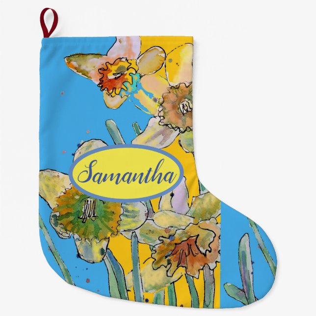 Orange Yellow Daffodil Floral Flowers Blue Large Christmas Stocking (Front)