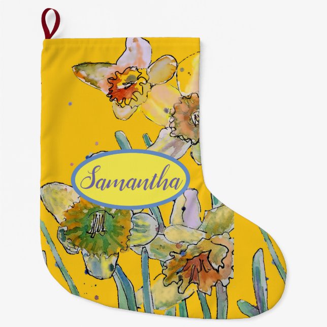 Orange Yellow Daffodil Floral Flowers Large  Large Christmas Stocking (Front)