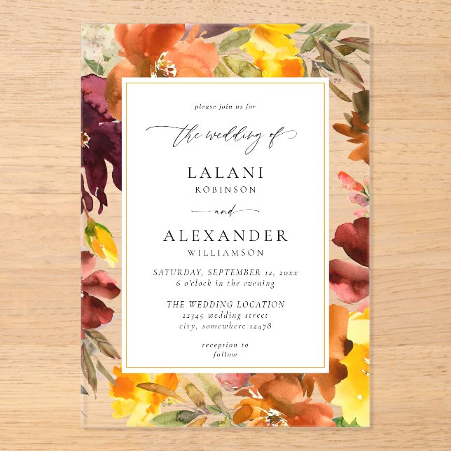 Orange & Yellow Fall Floral Wedding -3 Acrylic Invitations (Front)