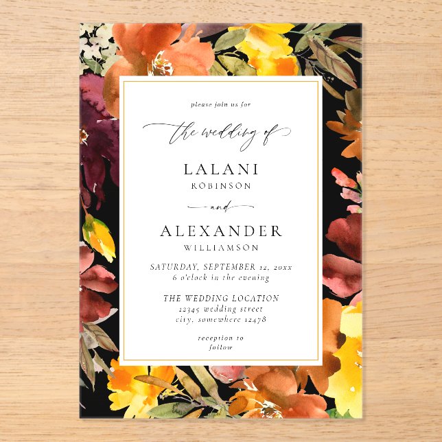 Orange & Yellow Fall Floral Wedding -3 Black Acrylic Invitations (Front)