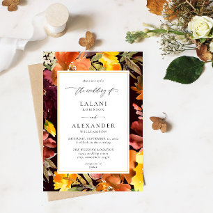 Orange & Yellow Fall Floral Wedding -3 Burgundy Invitation